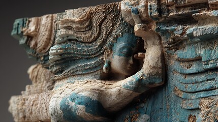 mythical figure carved through geological layers, each stratum a different texture and color, high detail 