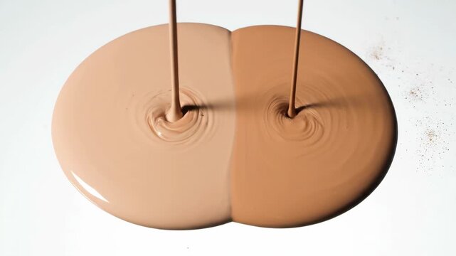 Two streams of tinted liquid meet on a white surface