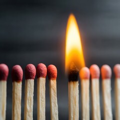 Close-Up of Burning Matchstick with Unlit Matches in Row on Dark Background