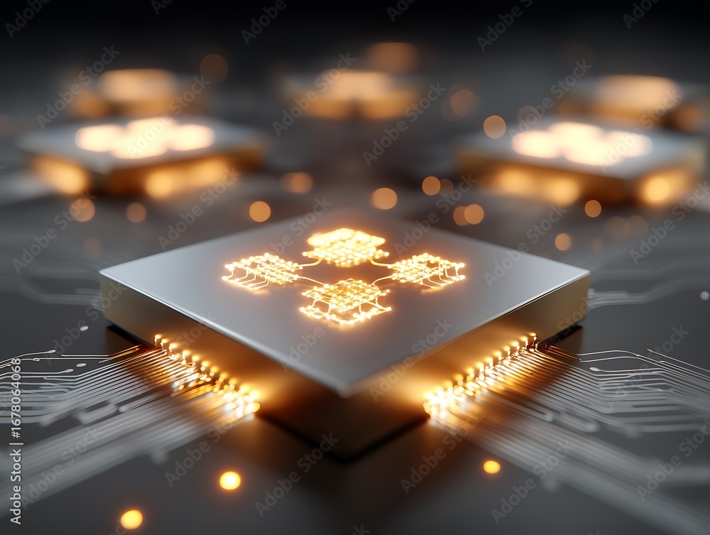 Aufkleber quantum computing chips with glowing fractal circuits, futuristic technology concept