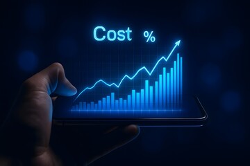 Hand holding smartphone displaying a rising cost percentage graph with blue neon lights