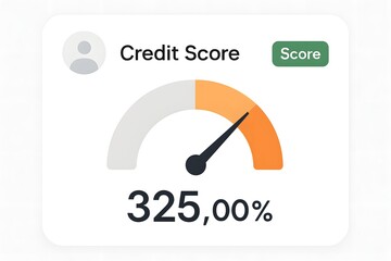 Credit Score UI illustration with a gauge meter and high rating, representing financial health, banking applications, and personal finance management.