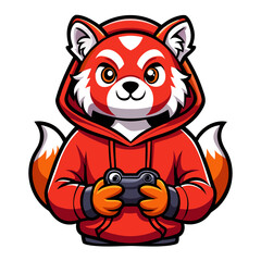 Playful Red Panda in Hoodie Holding Game Controller in Bright Vector Style
