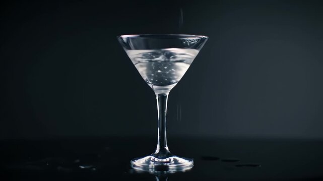 Elegant Clear Martini Glass Filled with Liquid on Dark Reflective Surface for Beverage Promotion and Advertisement with Splash Effect for National Day Event and Celebration