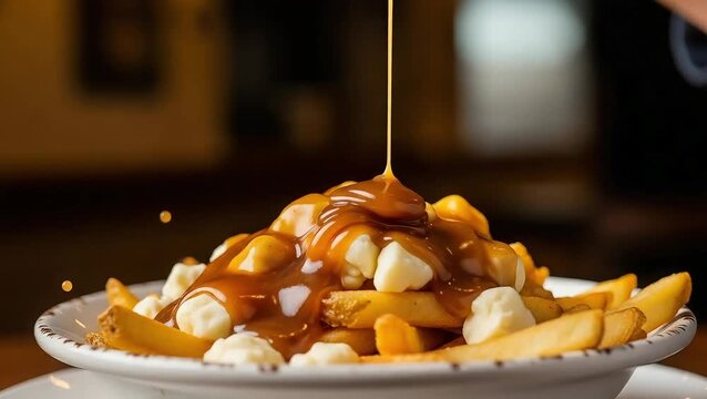 Delicious Poutine Dish Being Drizzled with Gravy in Restaurant, French Fries Topped with Cheese Curds and Brown Sauce, Close Up of Food
