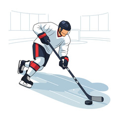 Obraz premium Hockey player in action, skating with a puck, wearing a helmet and jersey on an ice rink.
