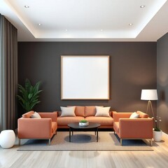 Modern living room with comfortable seating and a blank canvas on the wall