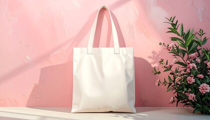 blank white tote bag pink wall flowers mockup