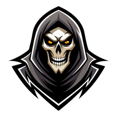 Grim Reaper with Glowing Eyes and Hood – Bold White-Line Vector Dark Team Logo