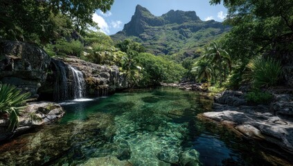 Fototapeta premium Lush tropical pool, waterfall, mountain backdrop