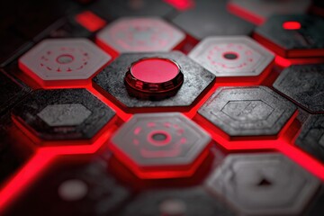 Abstract futuristic hexagonal patterns with glowing red elements showcasing digital technology and design concepts
