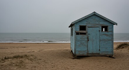 Weathered blue beach hut on a sandy shore under a cloudy sky