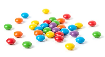 Vibrant colorful candy spheres scattered across a clean white background, perfect for playful design and sweet promotions