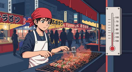 Fototapeta premium Anime-Style Street Food Vendor Grilling Skewers at a Bustling Night Market