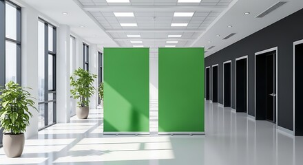 Modern Office Hallway with Green Screen Banners and Potted Plants in Natural Light