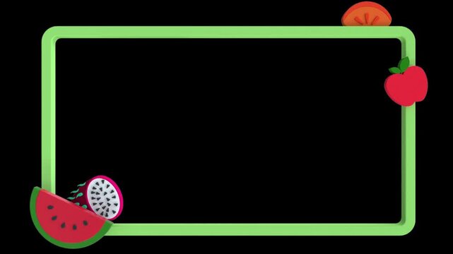 Bright green frame adorned with vibrant watermelon, dragon fruit, tomato, and orange slices.