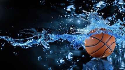 Dynamic basketball player mid-air performing powerful slam dunk with vibrant blue energy trails and splash effects capturing intense sports action and athletic motion.