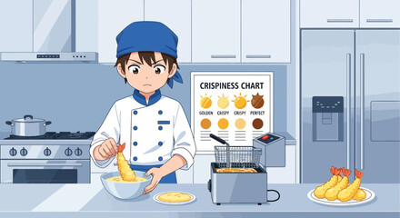 Anime styled chef preparing tempura in a modern kitchen with crispness chart