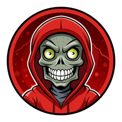 Red-Hooded Cartoon Zombie Mascot with Hollow Eyes and Wicked Grin