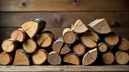 Fototapeta premium Stacked Wooden Logs, Rustic Arrangement of Natural Firewood for Cozy Winter Evenings