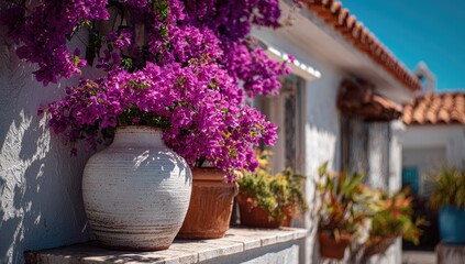 Purple bougainvillea in terracotta pots on a whitewashed wall