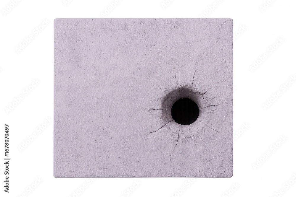 Poster concrete block featuring a bullet hole with cracks, isolated on a transparent background, perfect fo