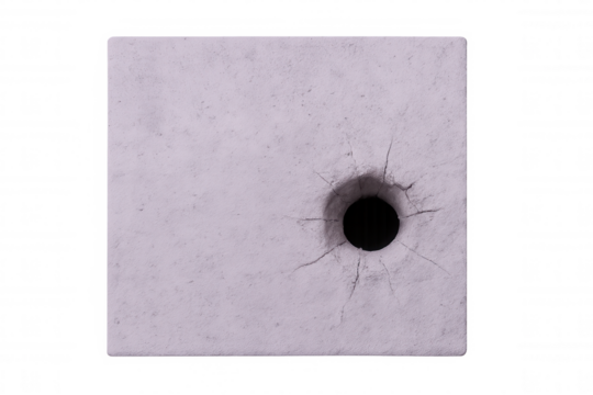 Concrete block featuring a bullet hole with cracks, isolated on a transparent background, perfect for photo editing and graphic design projects - Powered by Adobe