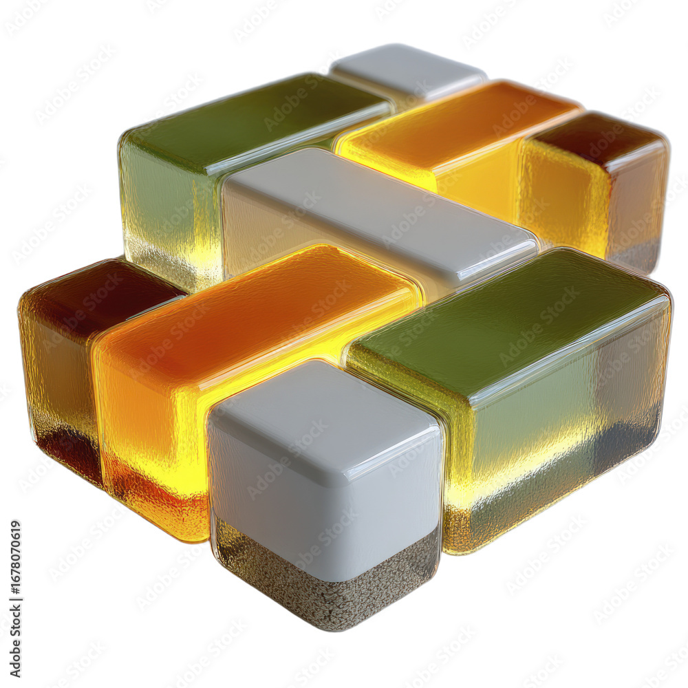 Poster rectangular blocks of translucent colored materials arranged in a cube shape