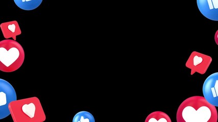 Floating blue thumbs up and red heart icons scattered around a black background, creating a digital frame. - Powered by Adobe