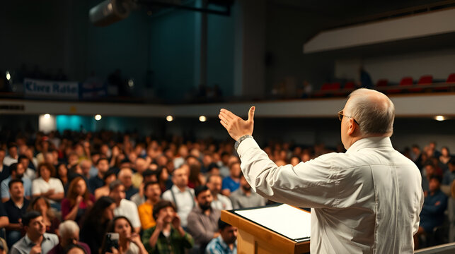 A pastor preaching to a large congregation