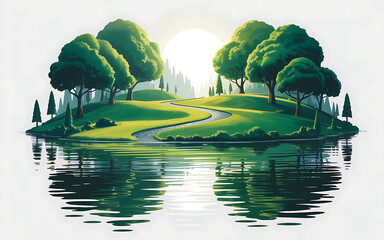 Sunny green landscape with trees, winding path, and calm lake reflection.