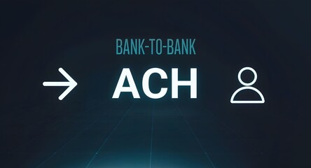 Bank-to-bank ACH transfer on a digital screen with a glowing arrow and profile icon, a modern representation for secure financial services and online payment systems.