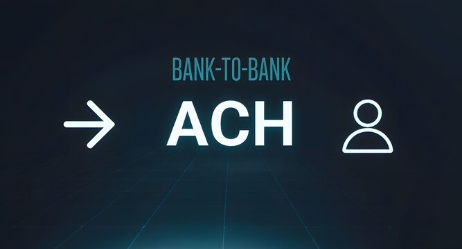 Bank-to-bank ACH transfer on a digital screen with a glowing arrow and profile icon, a modern representation for secure financial services and online payment systems.