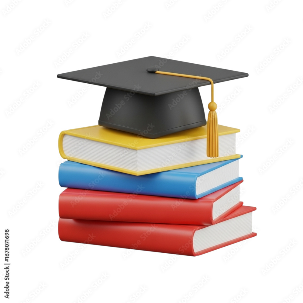 Poster 3d icon of stack of books with graduation cap isolated on transparent background