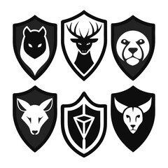 Uniform Black-and-White Minimal Animal Shield Icon Set