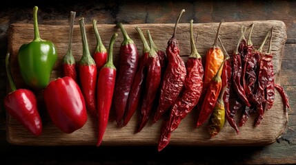 Array of Whole Dried Red Chilies of Different Varieties on Wood