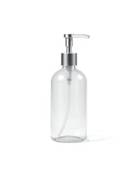 Clear glass soap dispenser with silver pump on white background