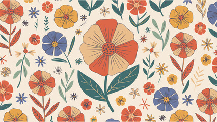 Seamless vintage floral pattern with colorful hand drawn flowers and leaves for textile, wallpaper, stationery, or t shirt design