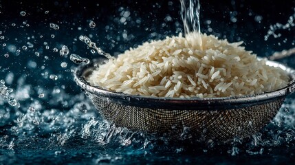 Process of Washing Basmati Rice in a Colander Under Water Stream