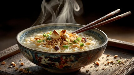Bowl of Congee Rice Porridge with Abalone and Garnishes