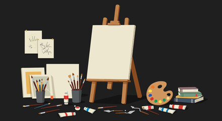 Art setup canvas on easel palette brushes paints sketches books on dark background