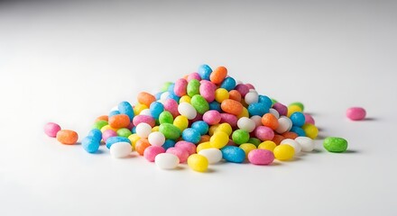 Vibrant assortment of colorful oval candies scattered on a clean white background, perfect for celebration and confectionery themes