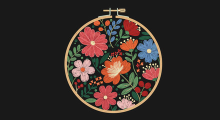 Circular floral embroidery featuring assorted flowers and foliage within a wooden embroidery hoop