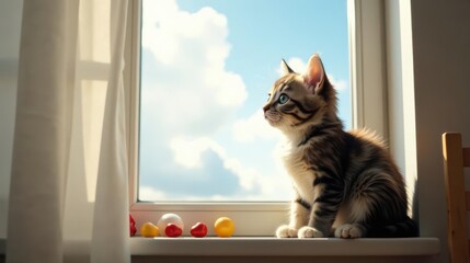 A curious kitten gazes out a sunlit window, playful toys scattered nearby, a serene moment of domestic tranquility.