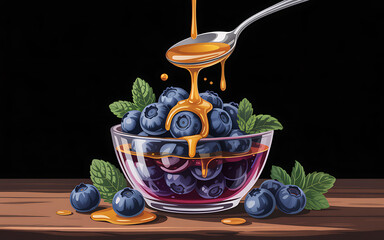 Fresh Blueberries with Honey Drizzle in Glass Bowl and Mint Leaves on Wooden Table.