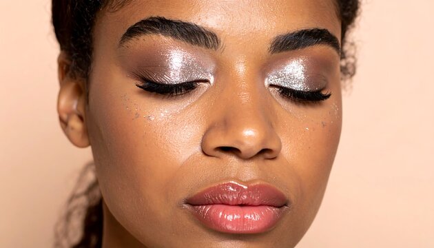 Close-up of a woman with shimmering eyeshadow