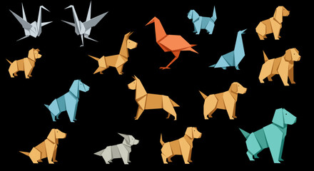 Origami figures dogs cranes and a bird varied in color brown gray blue orange