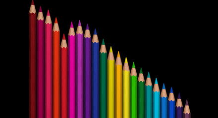 Rainbow of colored pencils lined up against a black background diminishing in height