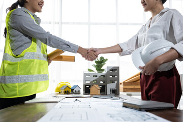 Collaboration event between engineers and clients construction office business meeting professional...