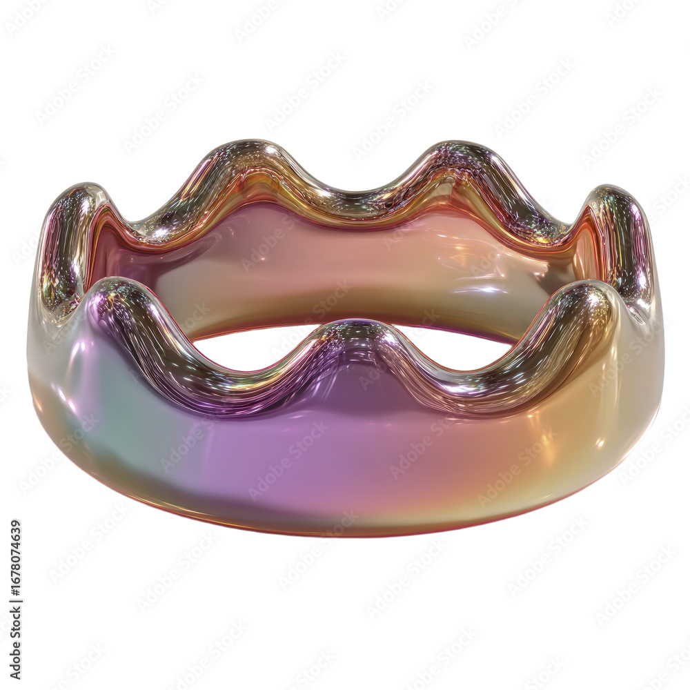 Poster fluid iridescent metallic ring with undulating wavy edges and reflected light